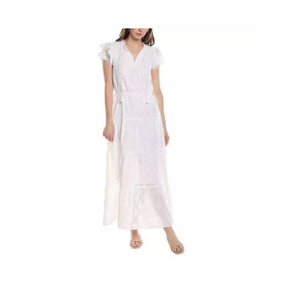 J McLaughlin Maxi Dress Large Elana White Eyelet Layered Beach Vacation Cruise - Picture 1 of 8